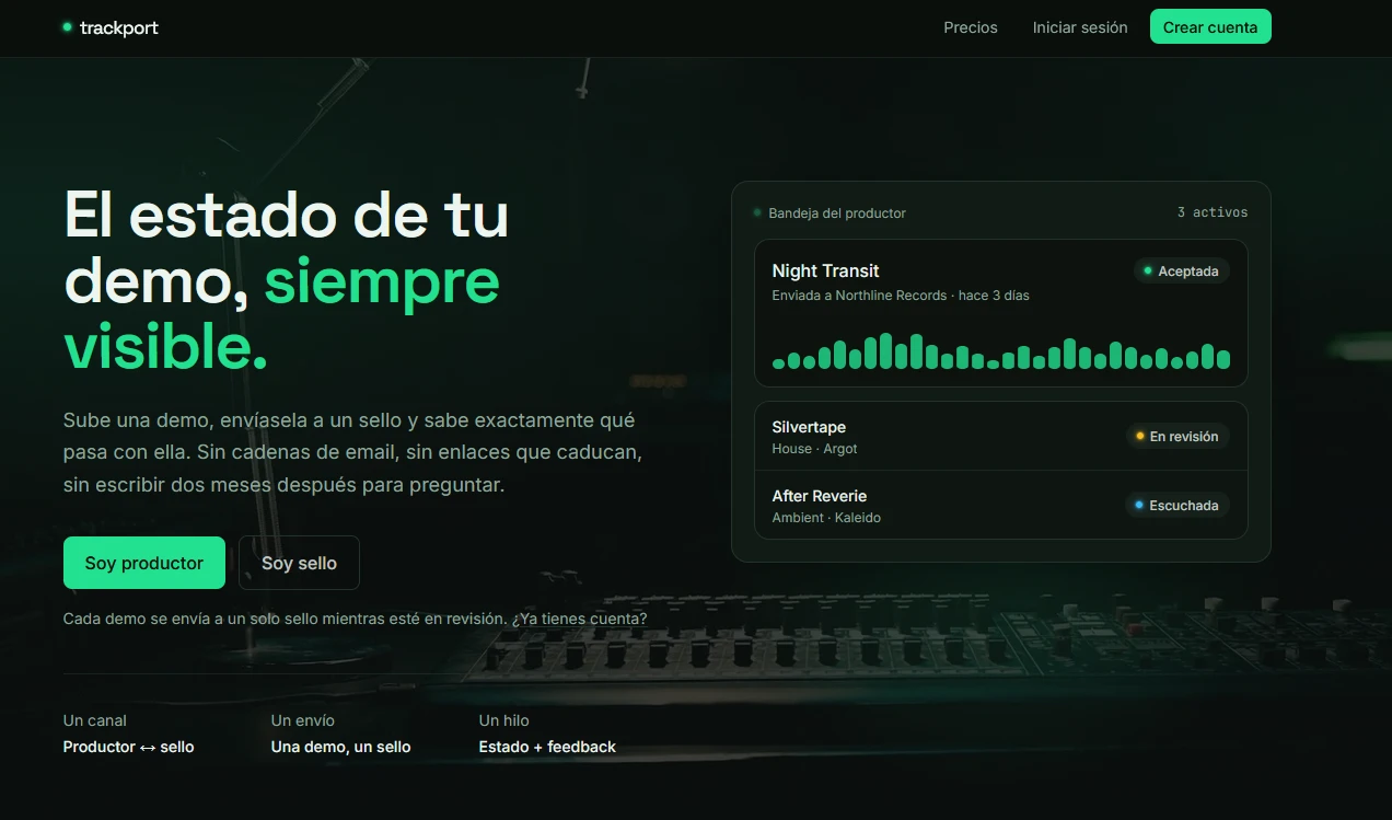 Página de inicio de Trackport: el estado de tu demo, siempre visible